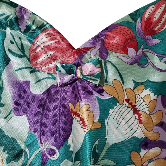 Vintage CALIFORNIA DYNASTY Floral Print Satin Chemise Slip Size L Teal Womens - Picture 3 of 8